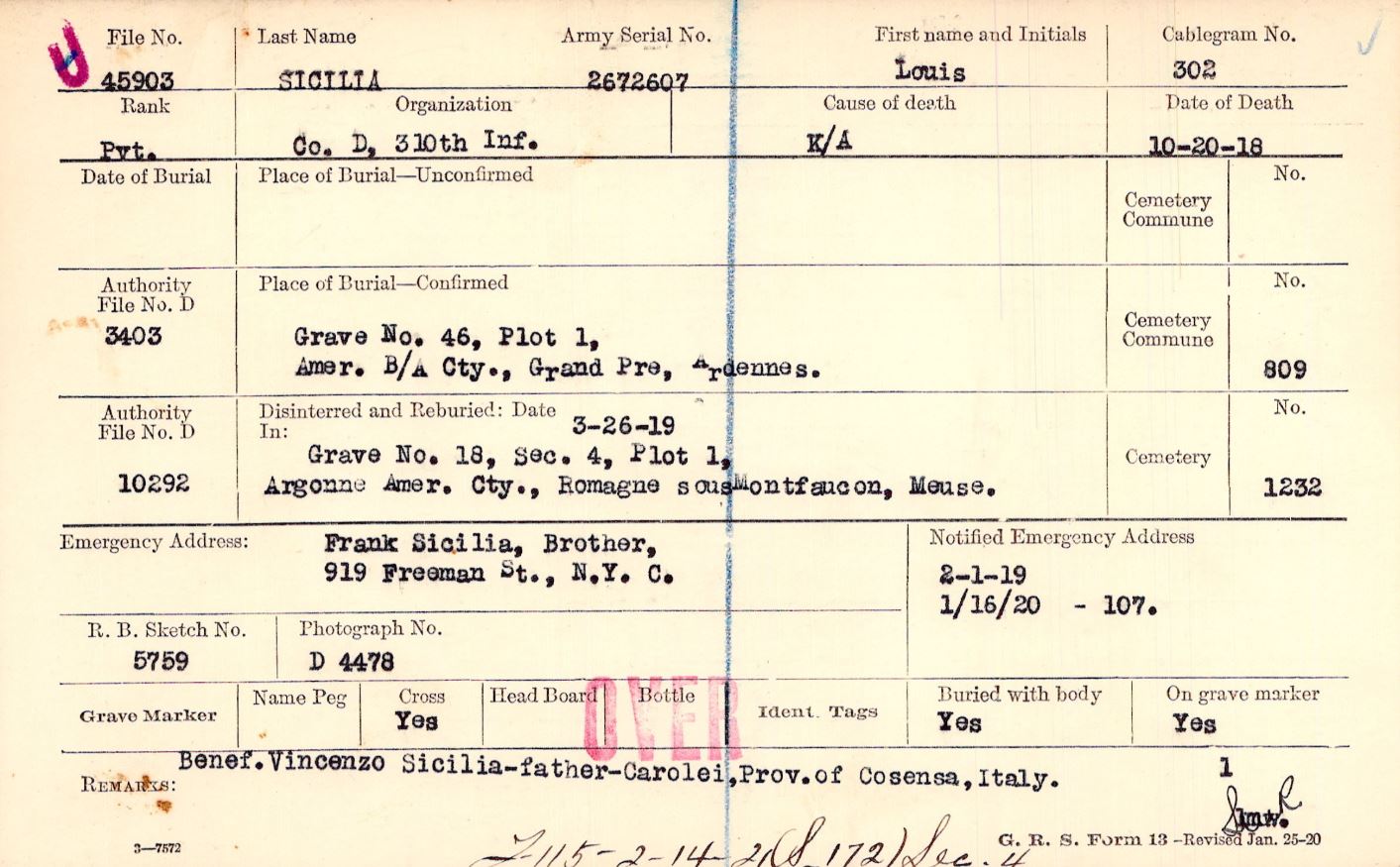 Sicilia burial card